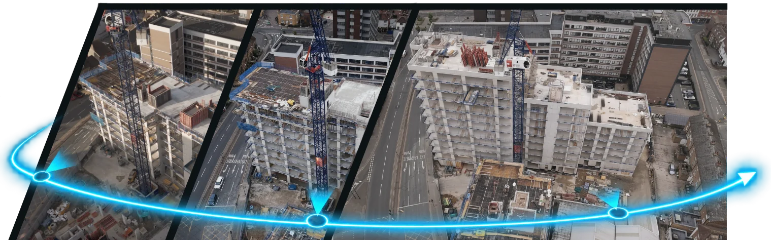Three construction stages with a planned flight path and camera viewpoints showing repeatable Time-shift capture