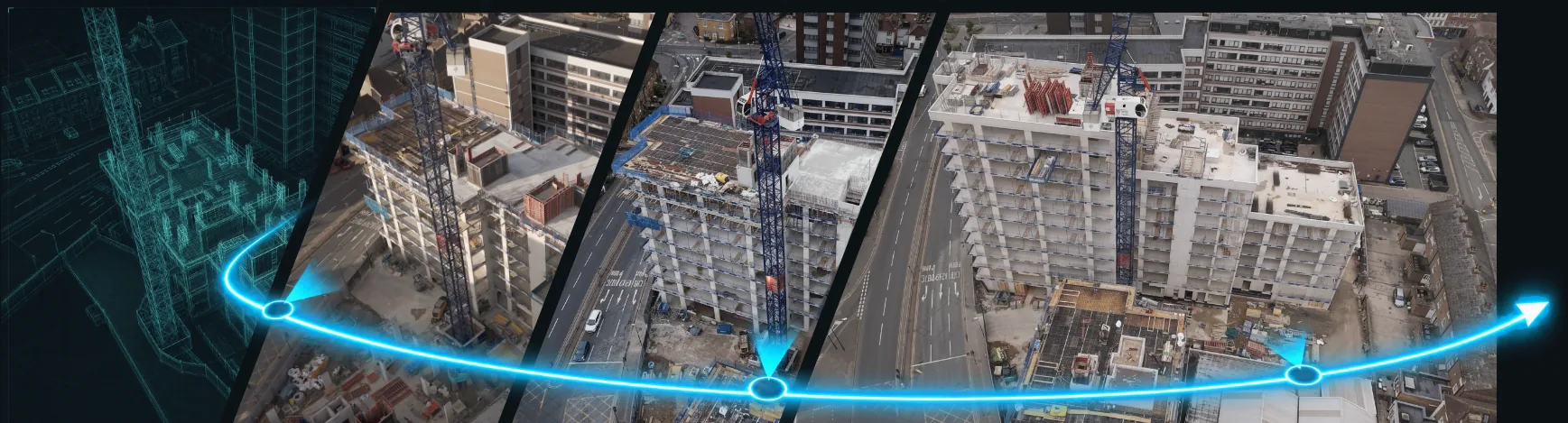 Three construction stages with a planned flight path and camera viewpoints showing repeatable Time-shift capture Three construction stages with a planned flight path and camera viewpoints showing repeatable Time-shift capture