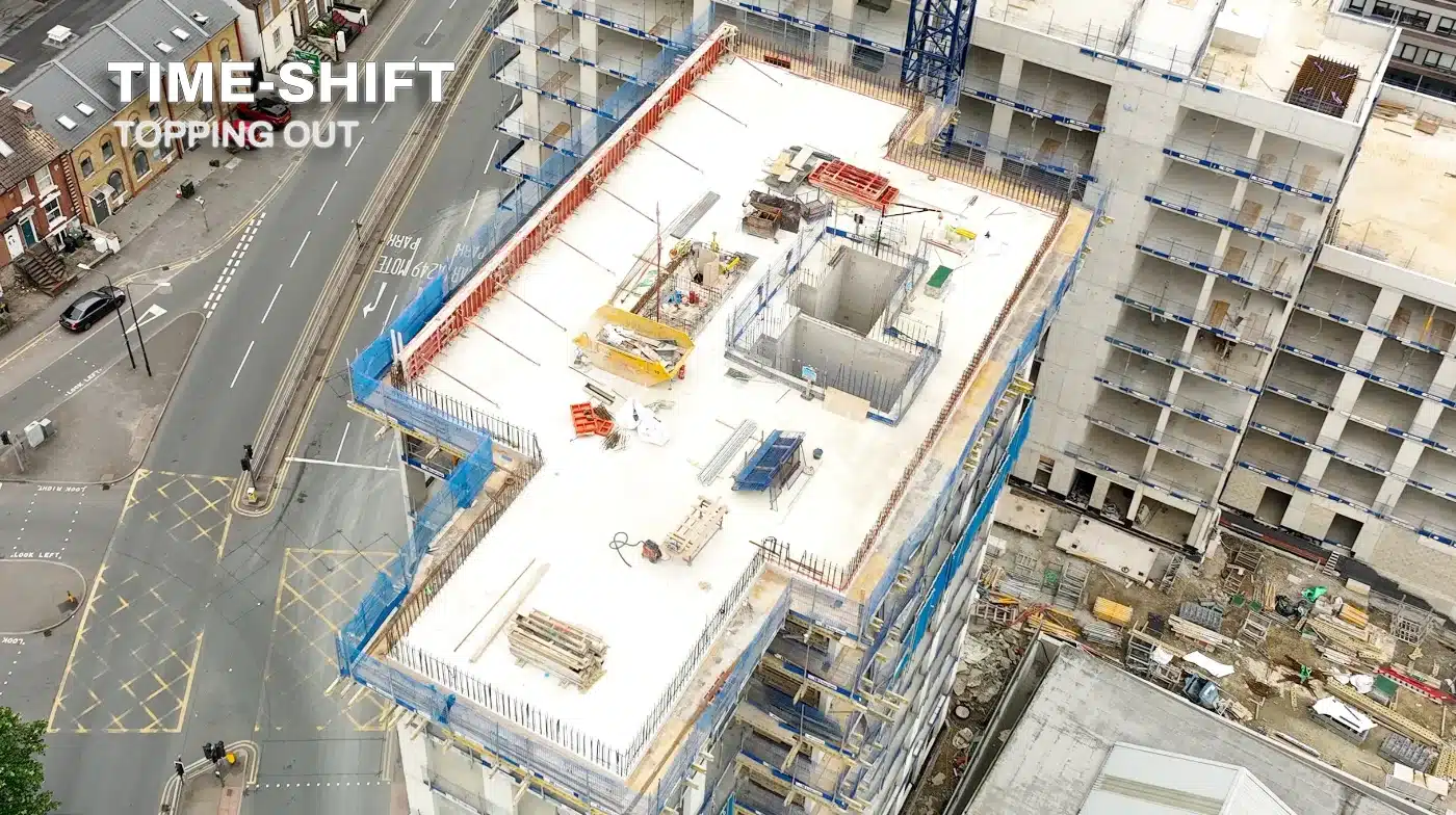 high-rise construction progress aerial